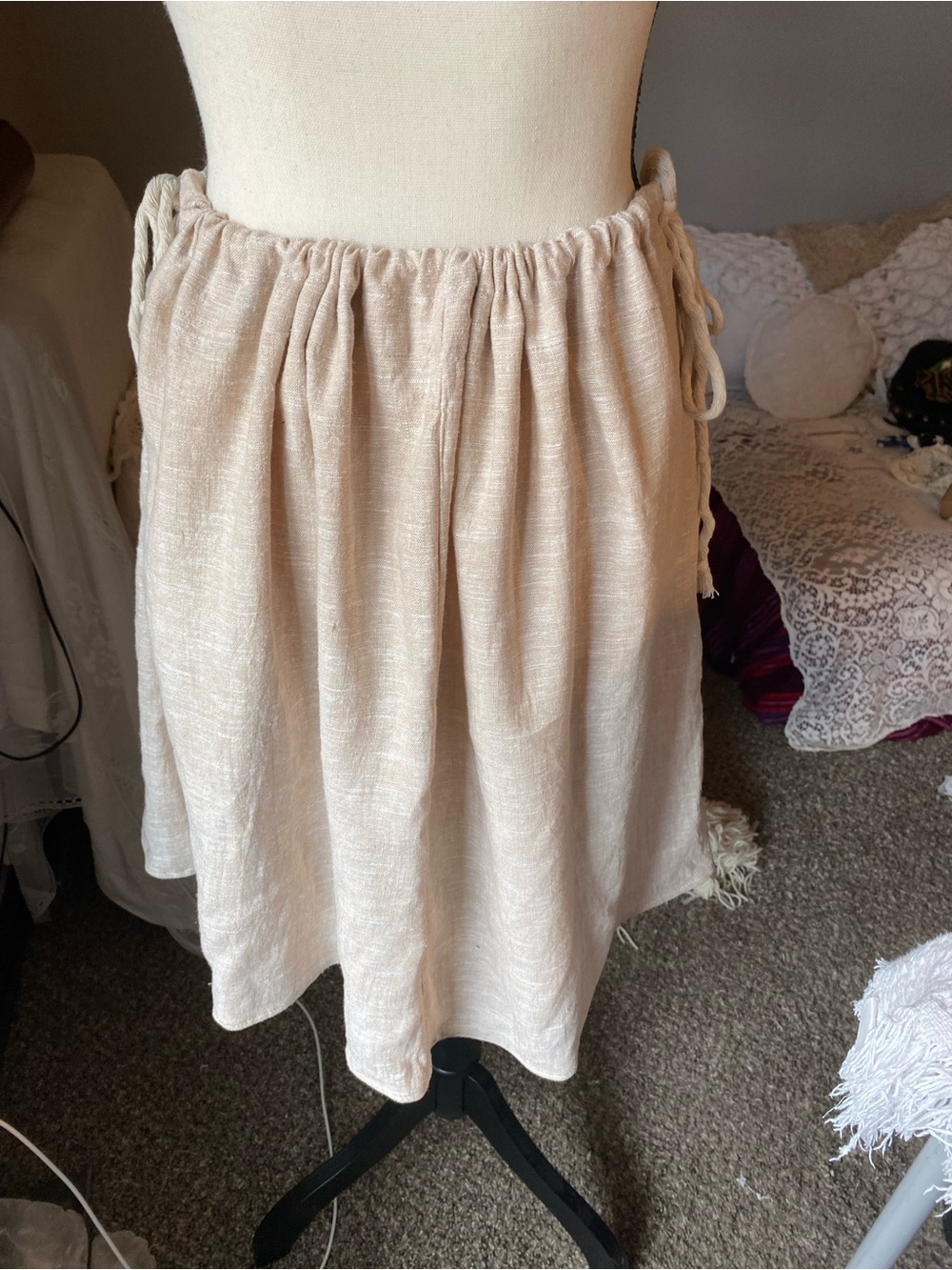 Light Beige Drawstring A-Line Linen Skirt Upcycled NWT
